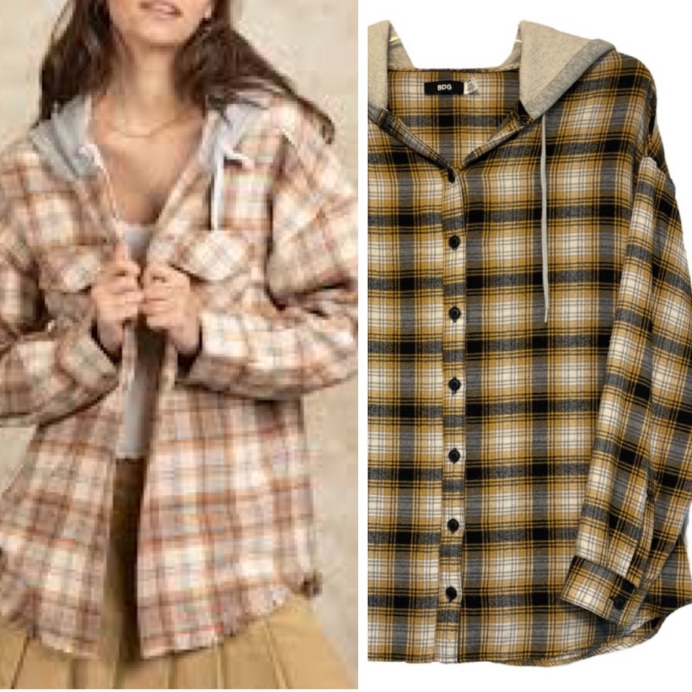 Hooded Flannel Shirt Plaid Button Down Grey Tan Gold Black Womens Size Medium